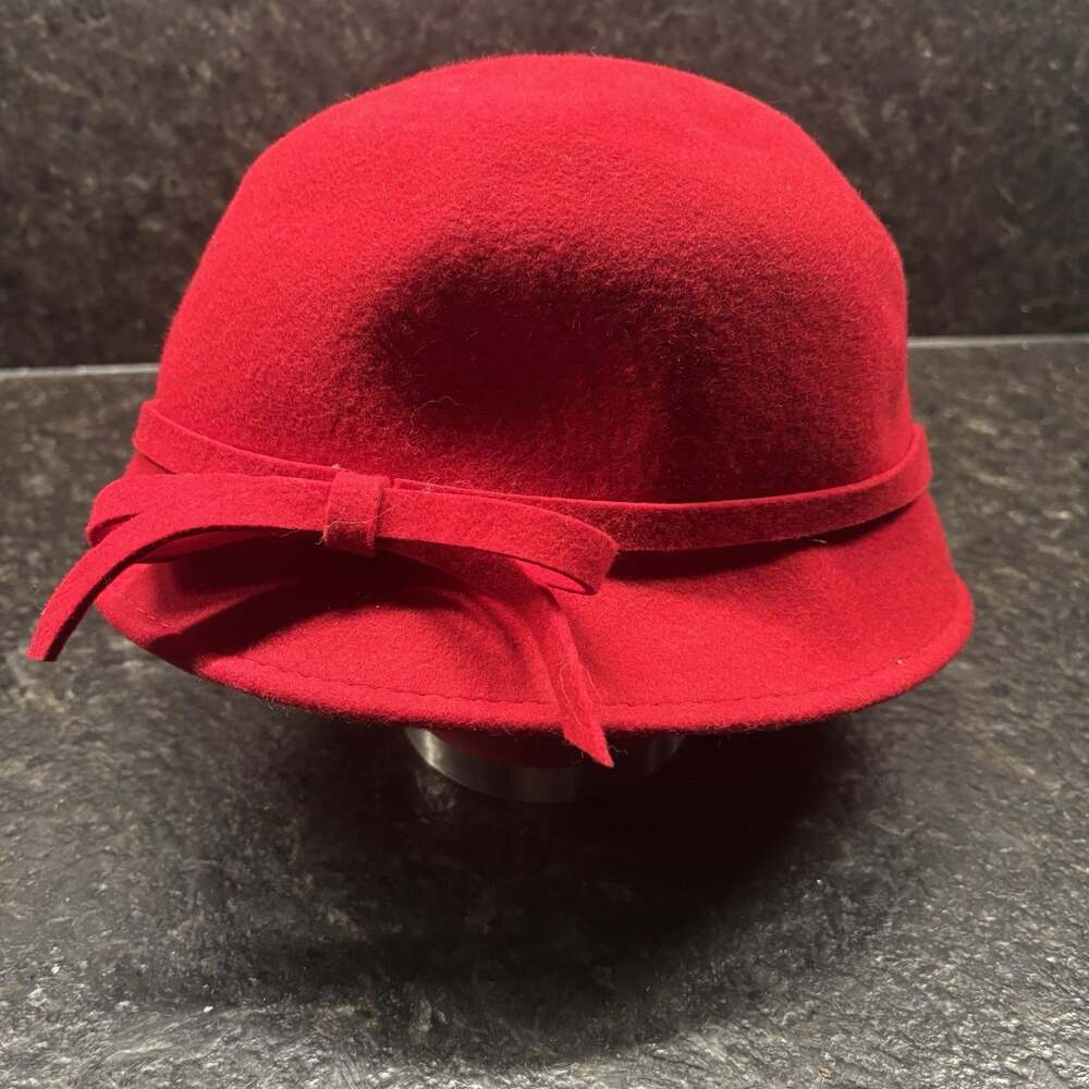100% Wool Women's Red Cloche Hat with Bow Detail2